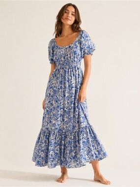 Anthropologie Kindred Blue White Paisley Puff Sleeve Maxi Dress XL